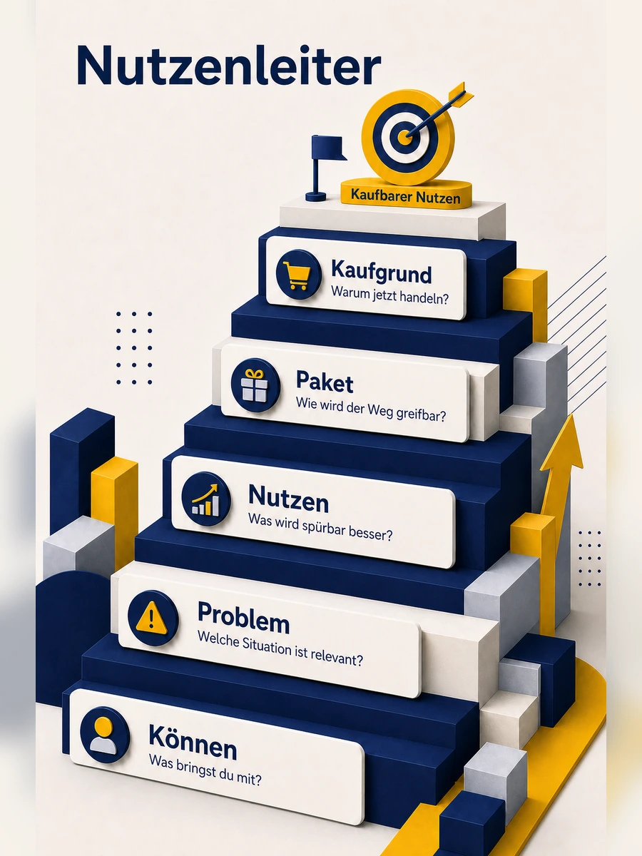 Infografik: Nutzenleiter zum Angebot schärfen mit Können, Problem, Nutzen, Paket und Kaufgrund.