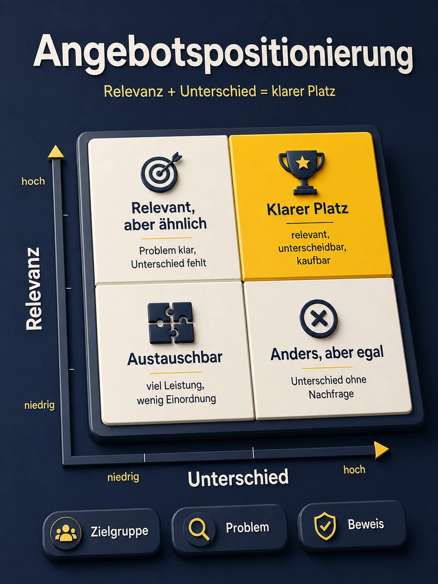 Matrix zur Angebotspositionierung mit Relevanz, Unterschied und klarem Platz im Markt.