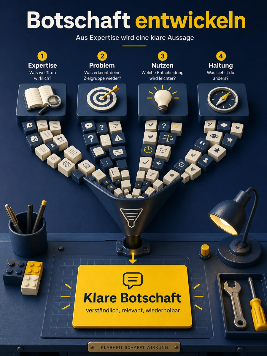 Infografik zur Entwicklung einer Botschaft von Expertise über Problem, Nutzen und Haltung zur klaren Aussage.