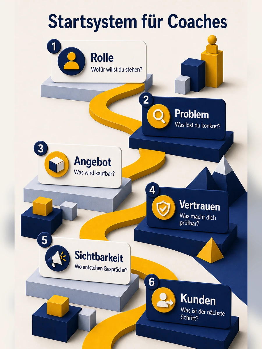Infografik zum Coach-Startsystem mit Rolle, Problem, Angebot, Vertrauen, Sichtbarkeit und Kunden.