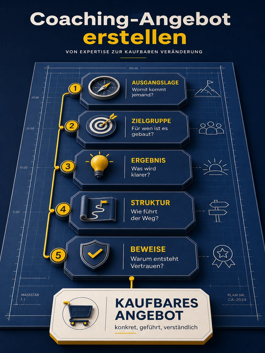 Infografik mit fünf Schritten zum Coaching-Angebot: Ausgangslage, Zielgruppe, Ergebnis, Struktur und Beweise.