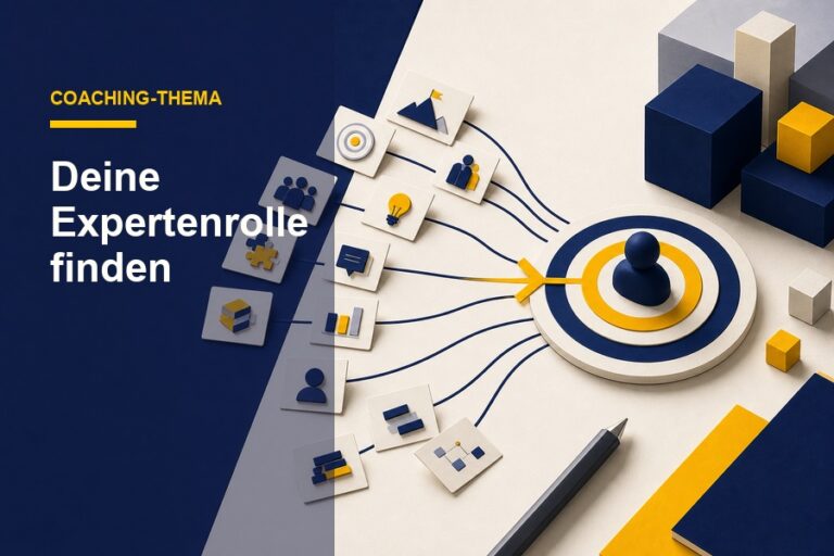 Titelbild zum Ratgeber Coaching-Thema entwickeln mit Dokument, Pfeil und der Aussage „Deine Expertenrolle“.