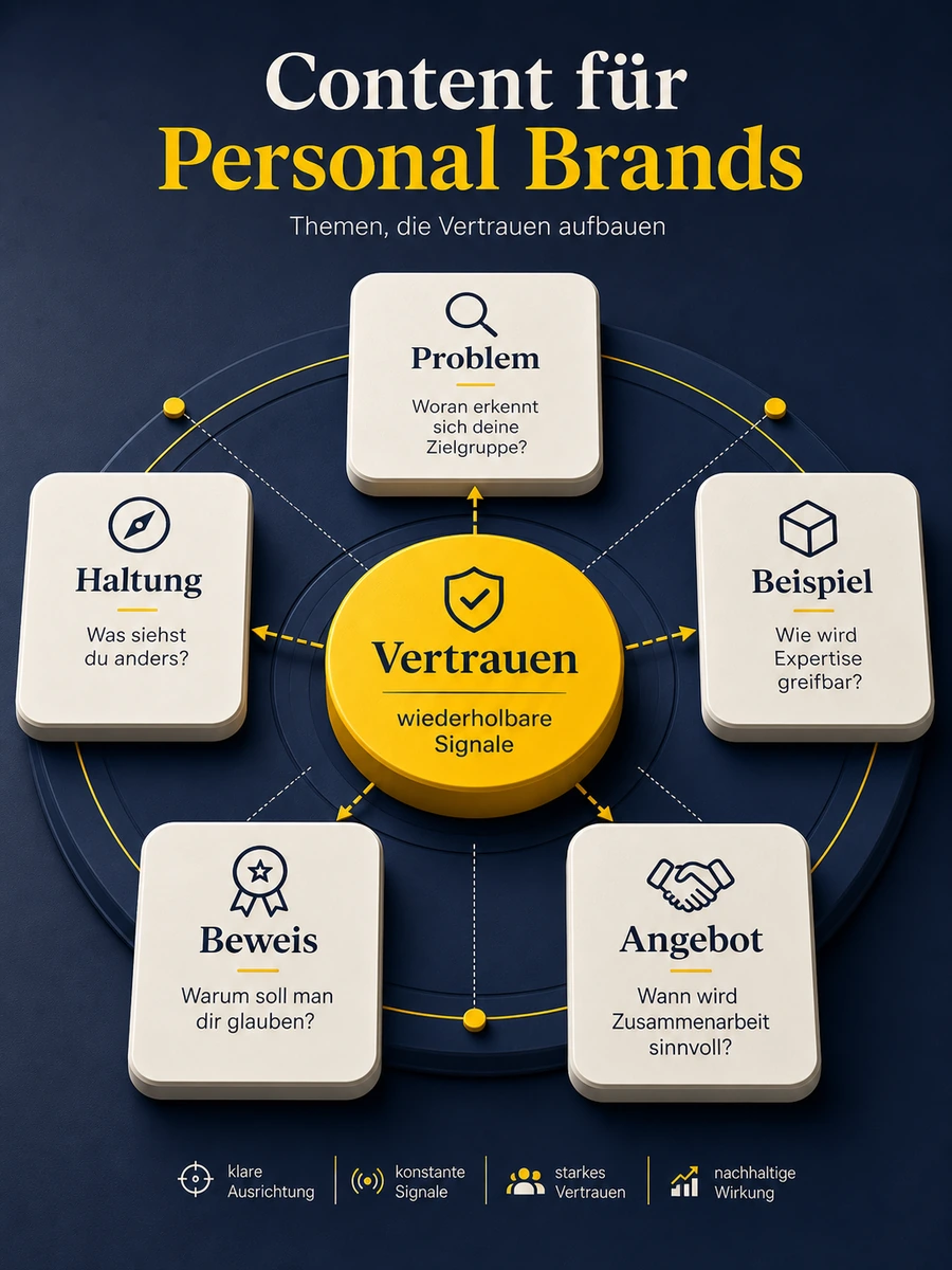 Infografik für Content für Personal Brands mit Problem, Haltung, Beispiel, Beweis, Angebot und Vertrauen.