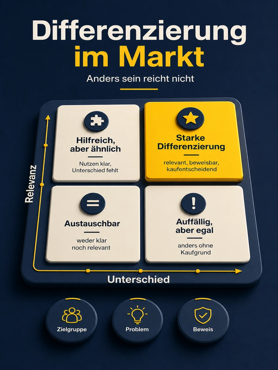 Matrix zur Differenzierung im Markt mit Relevanz, Unterschied, Zielgruppe, Problem und Beweis.