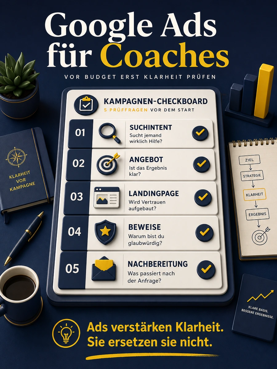 Infografik mit fünf Prüffragen für Google Ads für Coaches: Suchintent, Angebot, Landingpage, Beweise und Nachbereitung.