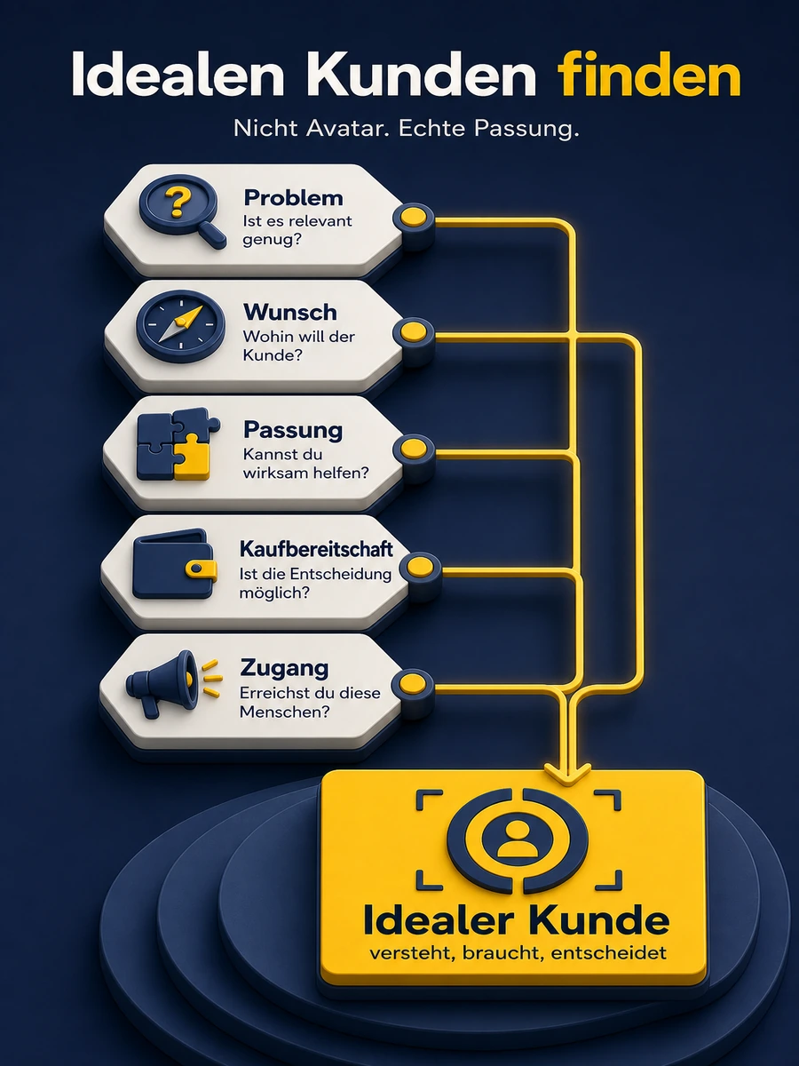 Infografik mit fünf Kriterien für den idealen Kunden: Problem, Wunsch, Passung, Kaufbereitschaft und Zugang.