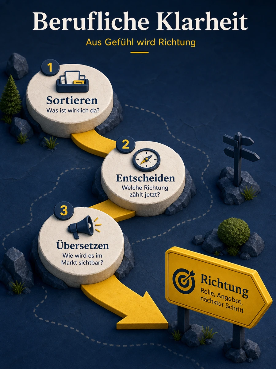 Infografik zur beruflichen Klarheit mit Sortieren, Entscheiden, Übersetzen und klarer Richtung.