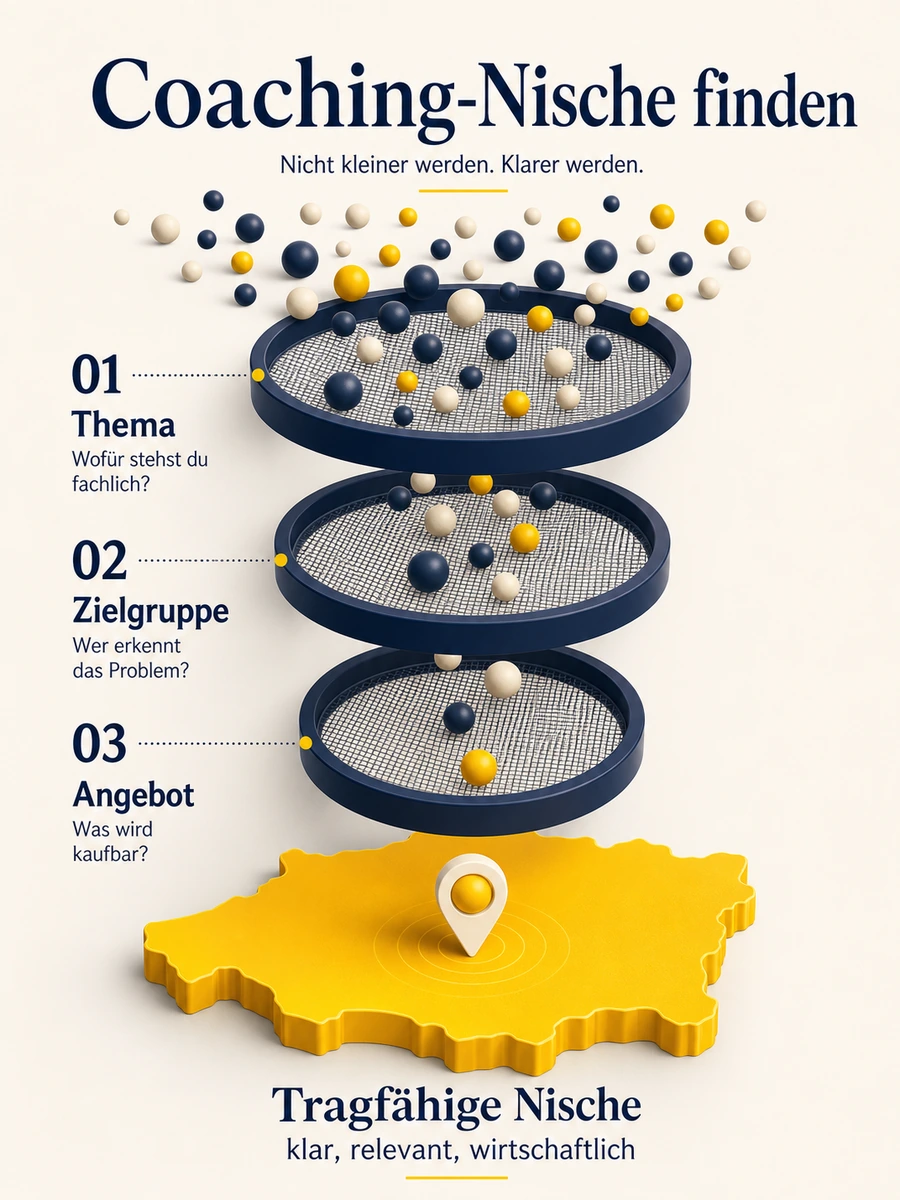 Infografik zum Nischen-Filter für Coaches mit Thema, Zielgruppe, Angebot und tragfähiger Nische.