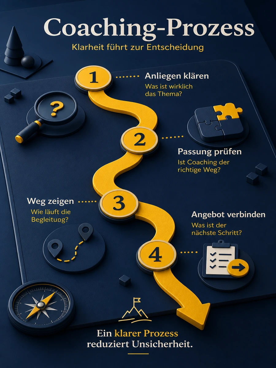 Infografik zum Coaching-Prozess mit Anliegen klären, Passung prüfen, Weg zeigen und Angebot verbinden.