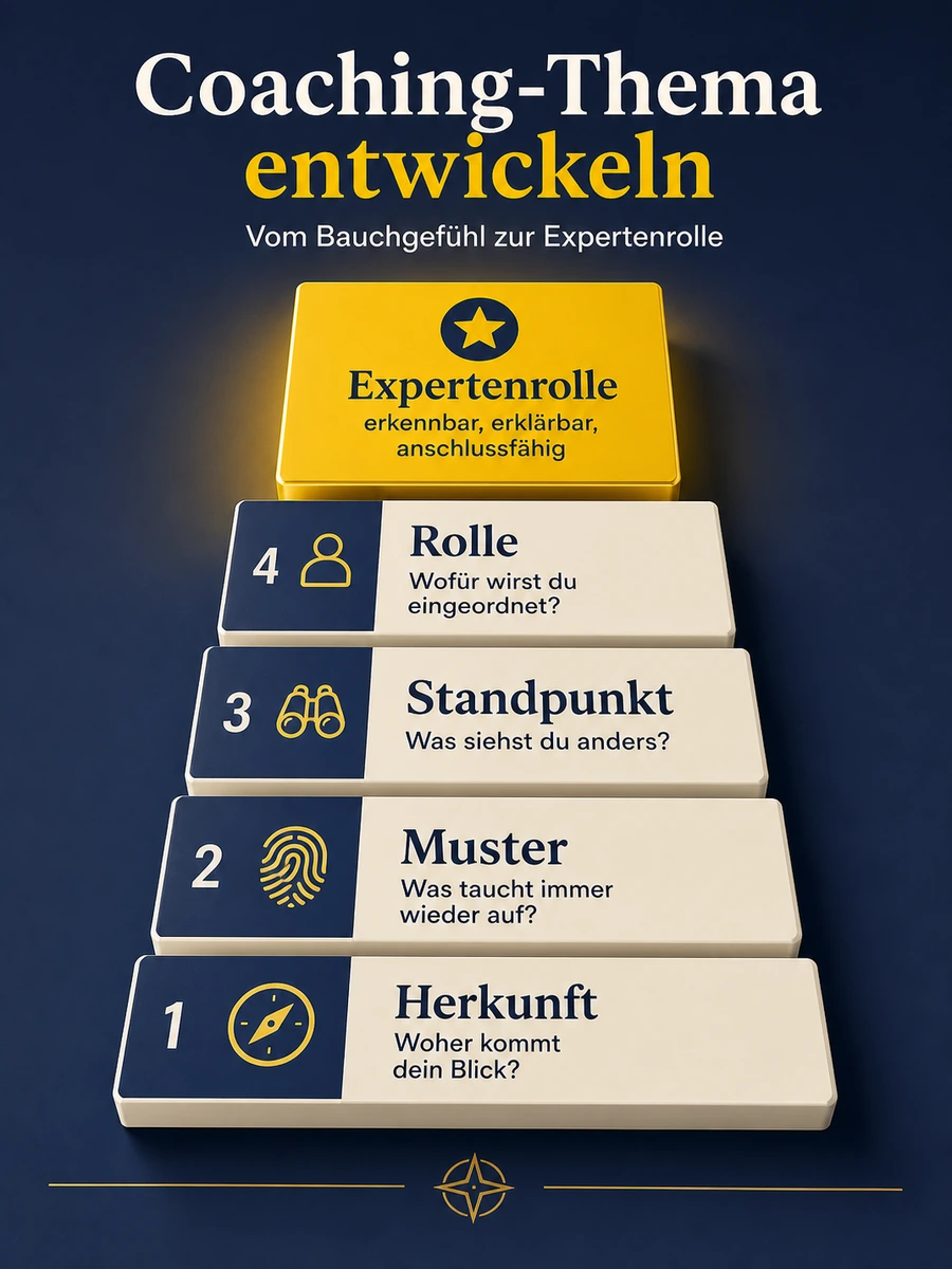 Infografik zur Entwicklung eines Coaching-Themas von Herkunft über Muster und Standpunkt bis zur Expertenrolle.