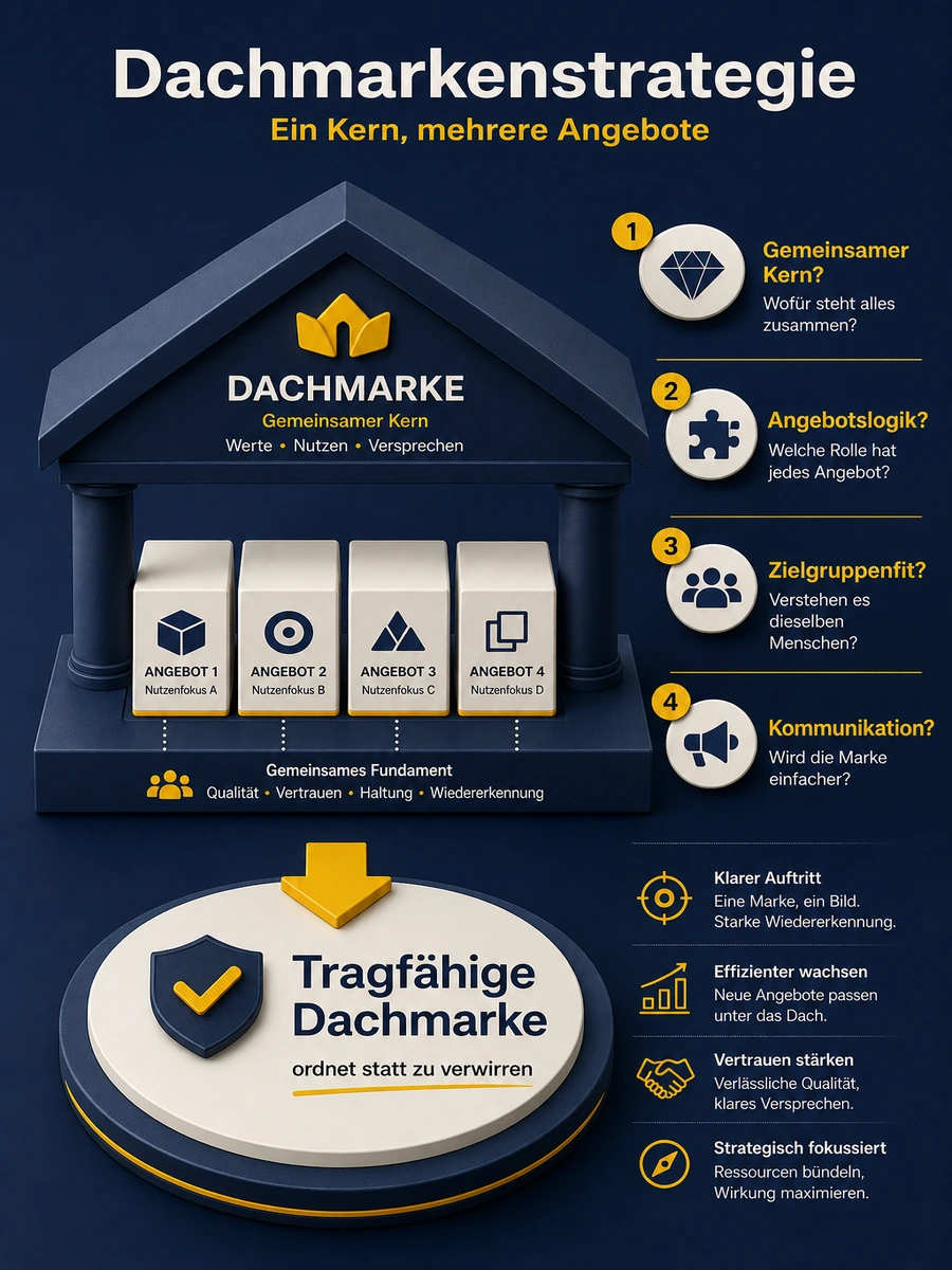 Infografik zur Dachmarkenstrategie mit Prüffragen zu gemeinsamem Kern, Angebotslogik, Zielgruppenfit und Kommunikation.