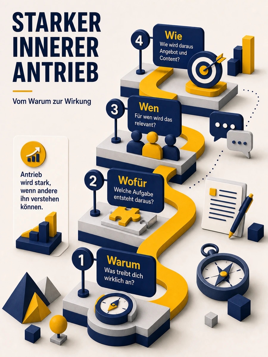 Infografik zum inneren Antrieb mit den vier Fragen Warum, Wofür, Wen und Wie als Weg zur sichtbaren Positionierung.