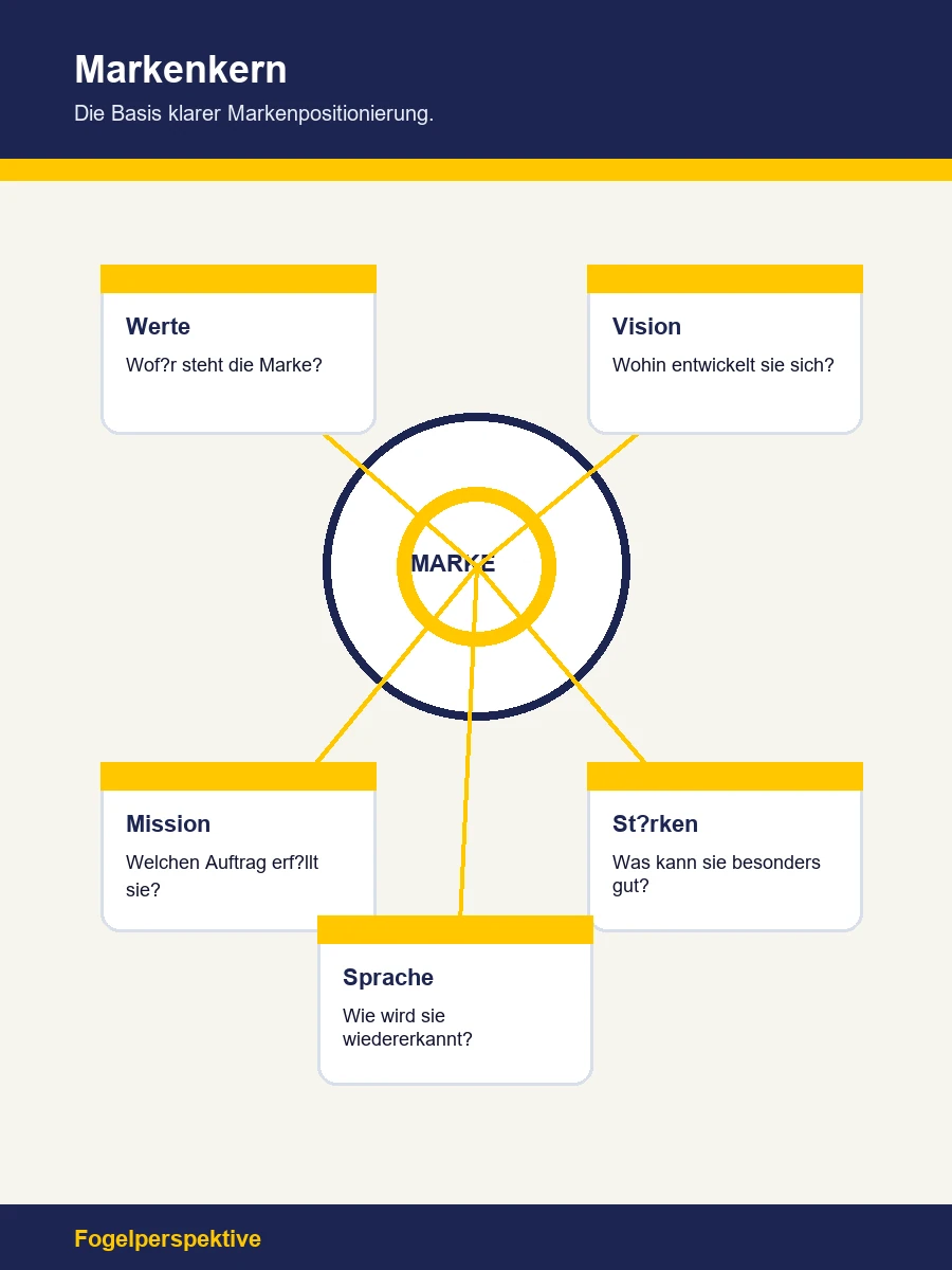 Infografik zum Markenkern einer Markenpositionierung mit Werten, Vision, Mission, Stärken und Kommunikation