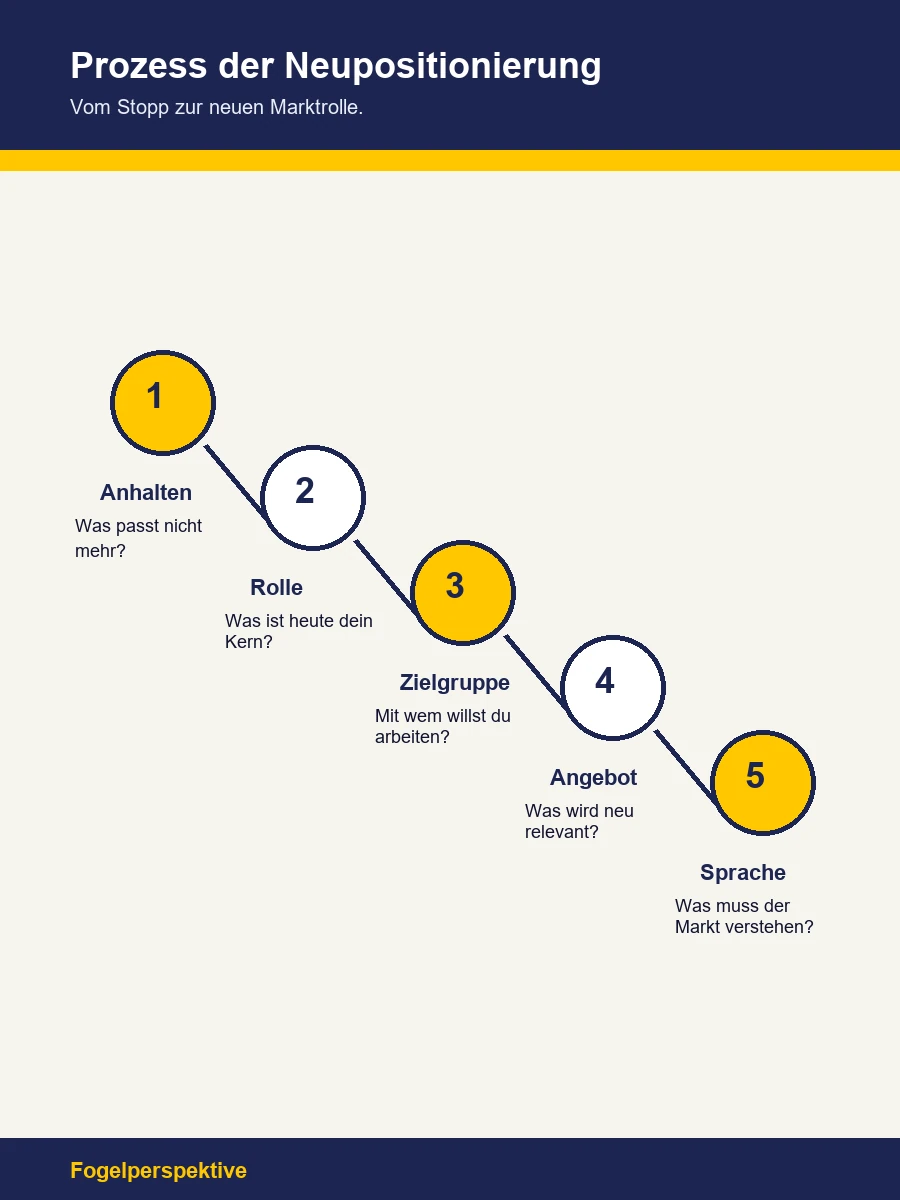 Infografik zur Neupositionierung mit den Schritten Anhalten, Identität klären, Zielgruppe definieren, Angebot entwickeln und Kommunikation aufbauen