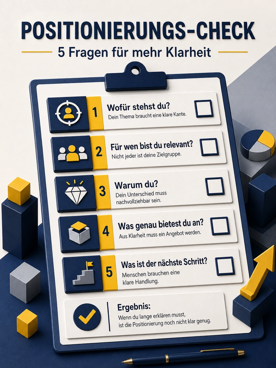 Infografik mit fünf Checkfragen für klare Positionierung zu Wofür, Zielgruppe, Unterschied, Angebot und nächstem Schritt.