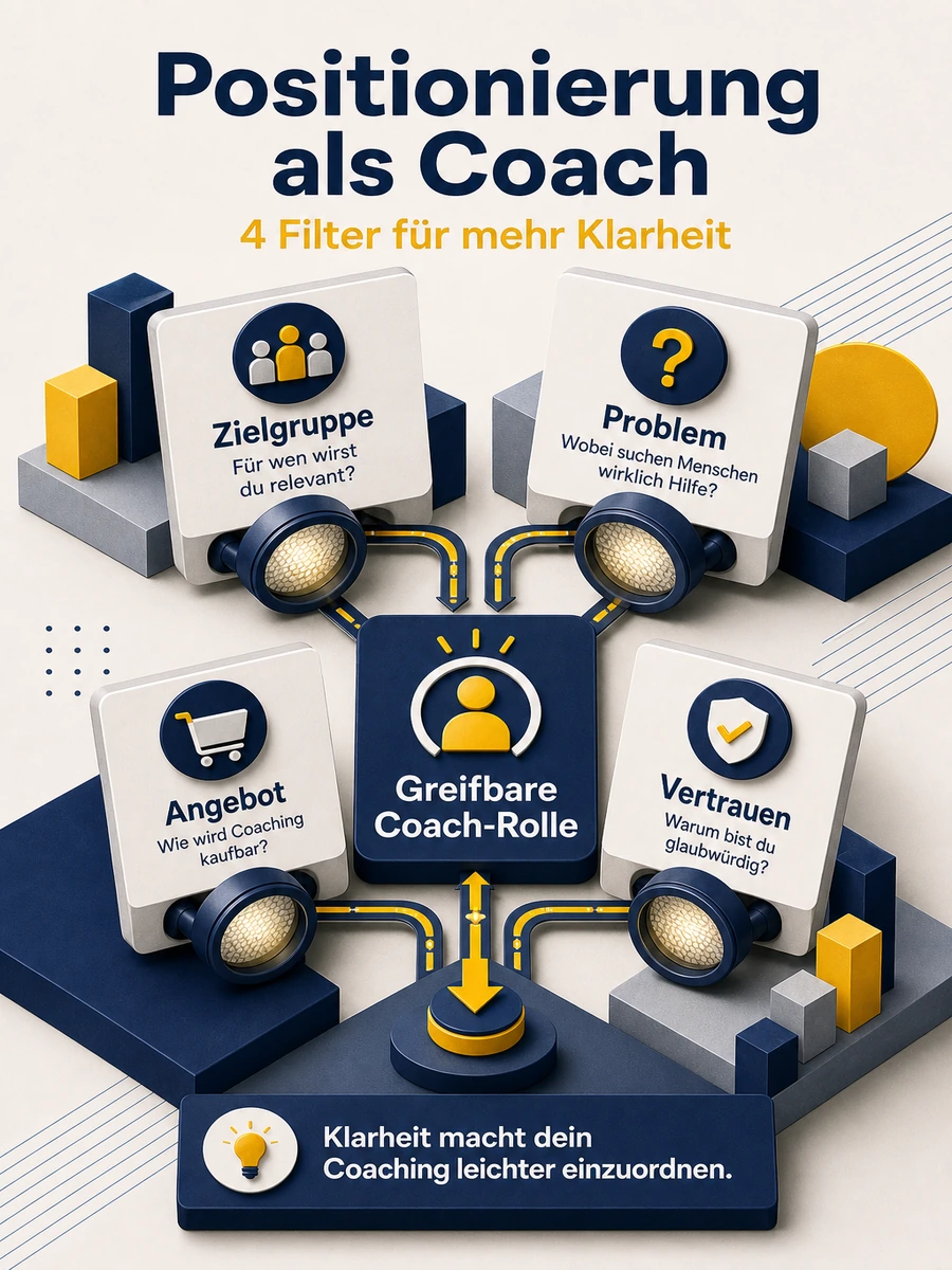 Infografik zur Positionierung als Coach mit vier Filtern: Zielgruppe, Problem, Angebot und Vertrauen.
