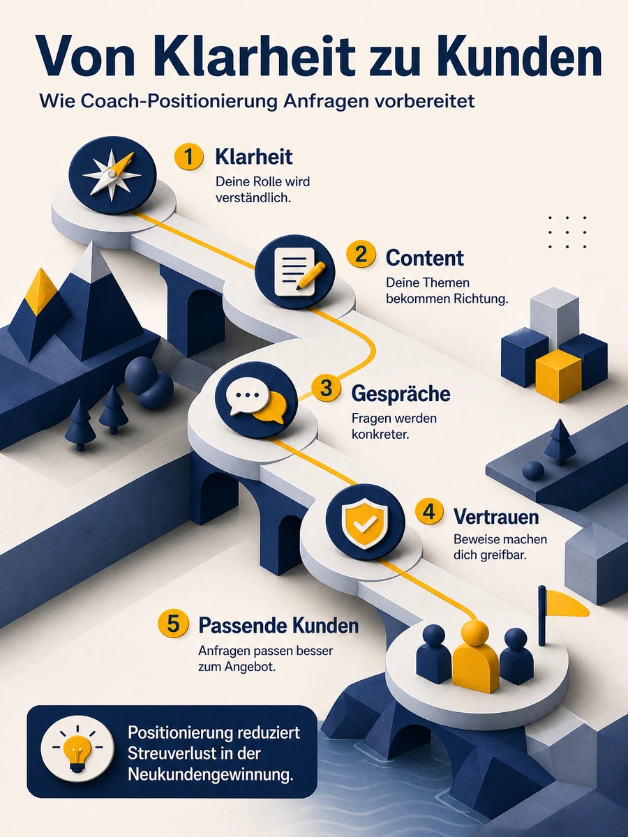 Infografik zur Neukundengewinnung als Coach: Klarheit führt über Content, Gespräche und Vertrauen zu passenden Kunden.