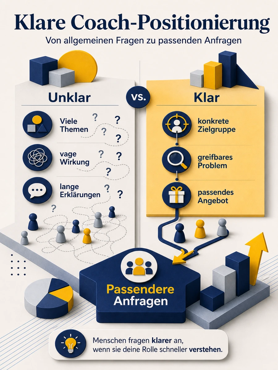 Infografik zur Wirkung klarer Coach-Positionierung von allgemeinen Fragen zu passenderen Anfragen.