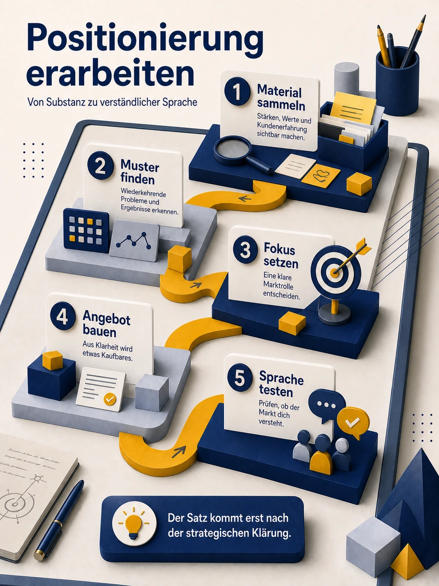 Infografik mit fünf Schritten, um Positionierung zu erarbeiten: Material sammeln, Muster finden, Fokus setzen, Angebot bauen und Sprache testen.