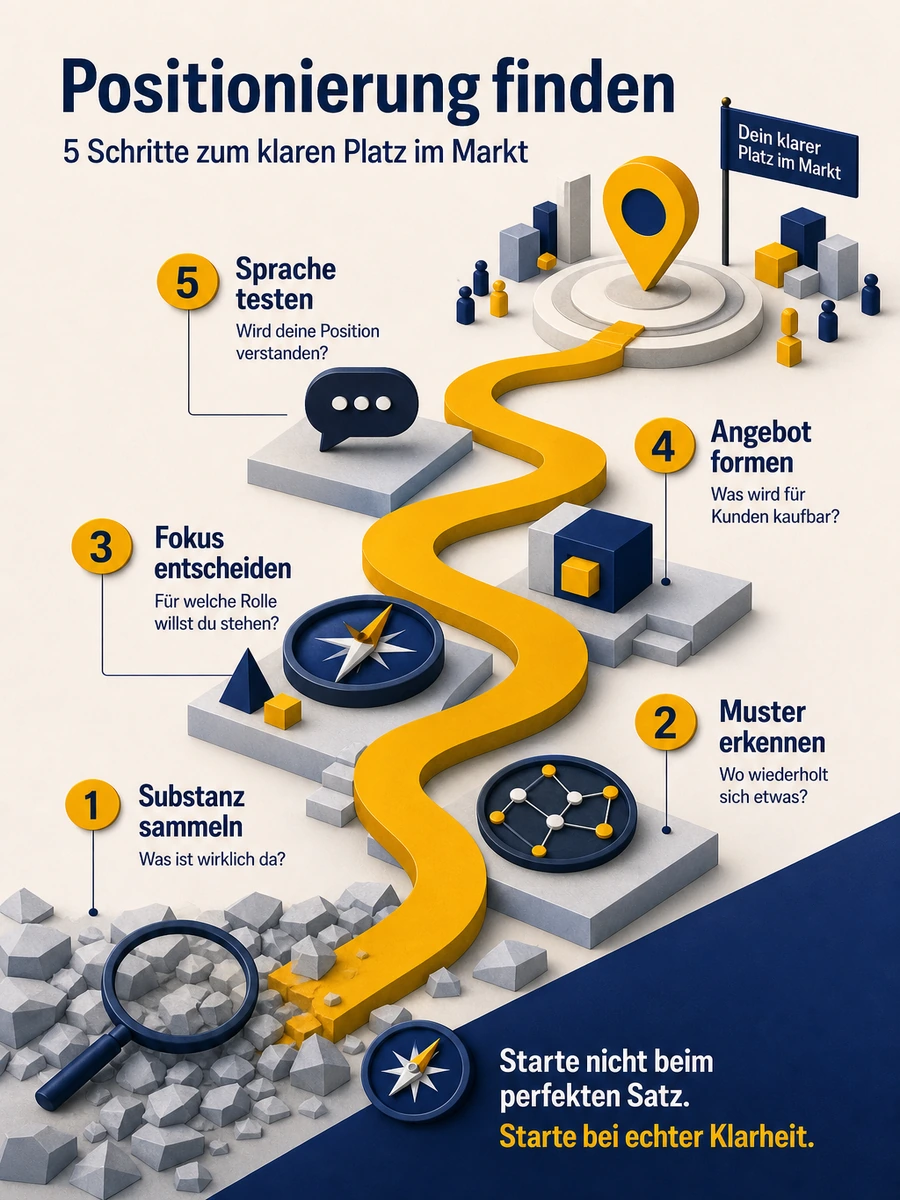 Infografik mit fünf Schritten, um eine Positionierung zu finden: Substanz sammeln, Muster erkennen, Fokus entscheiden, Angebot formen und Sprache testen.