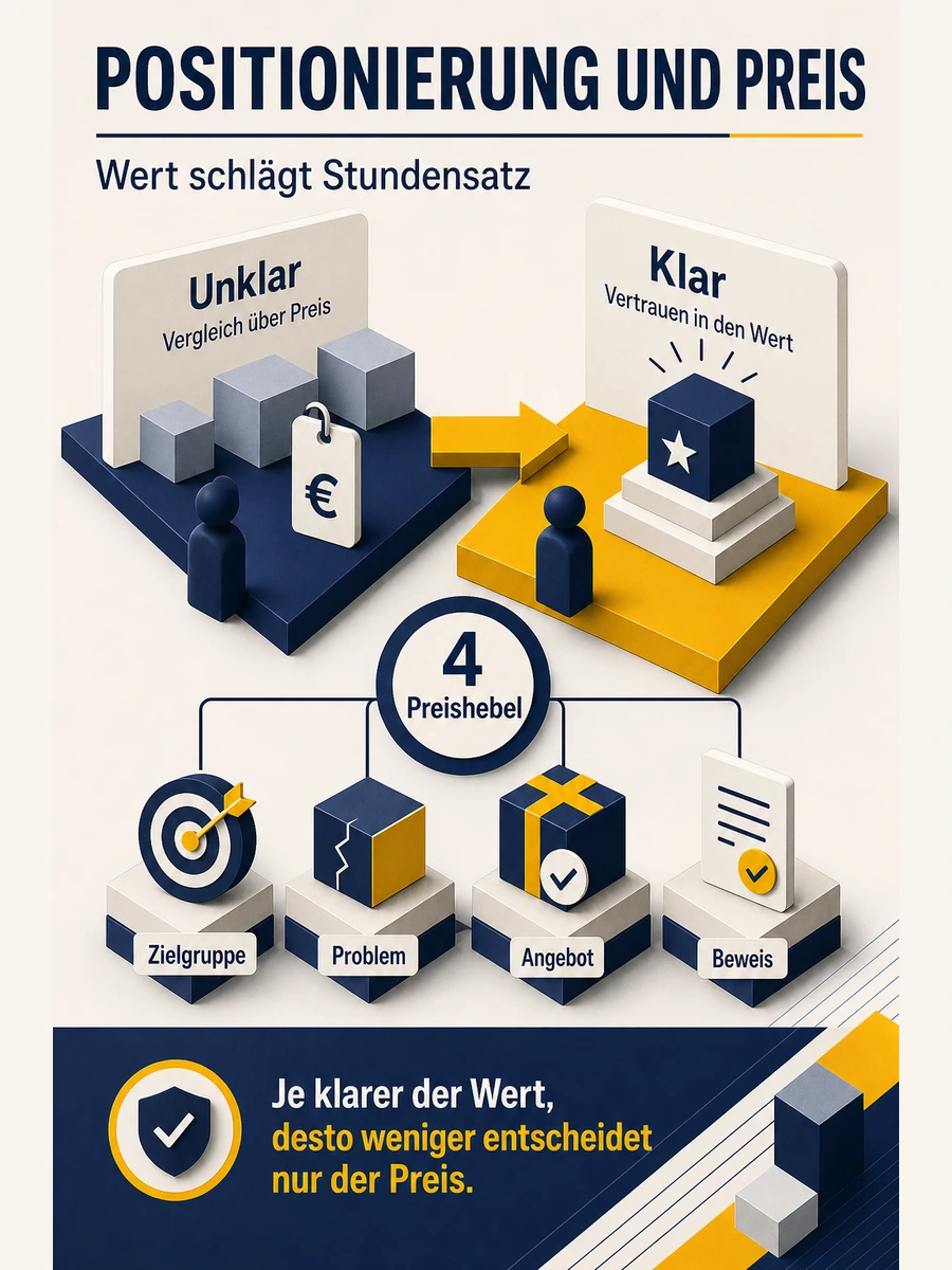 Infografik zu Positionierung und Preis: Unklare Positionierung führt zu Preisvergleich, klare Positionierung stärkt Wertverständnis und Preisvertrauen.