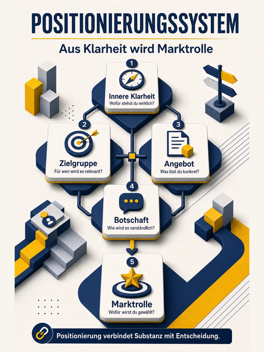 Infografik zum Positionierungssystem aus innerer Klarheit, Zielgruppe, Angebot, Botschaft und Marktrolle.