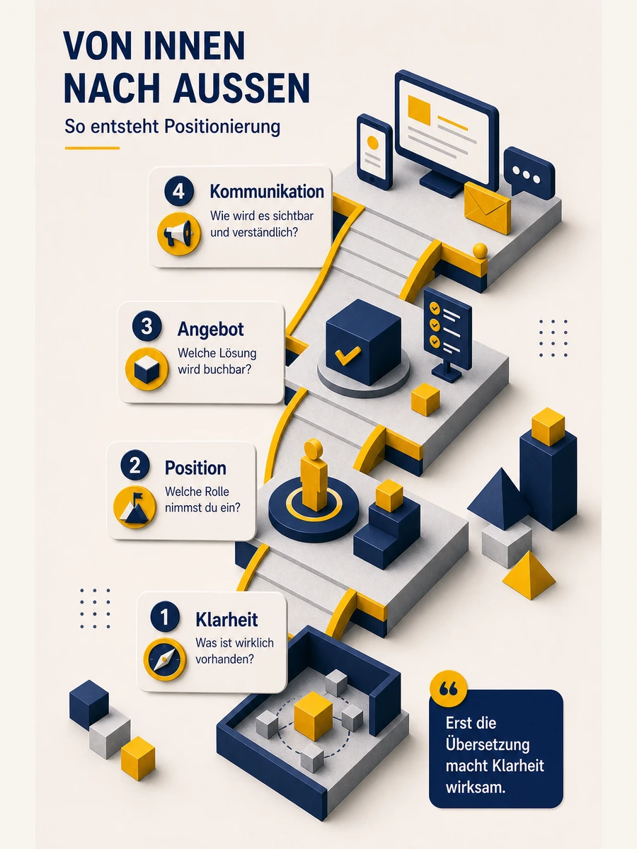 Infografik zur Positionierung von innen nach außen über Klarheit, Position, Angebot und Kommunikation.