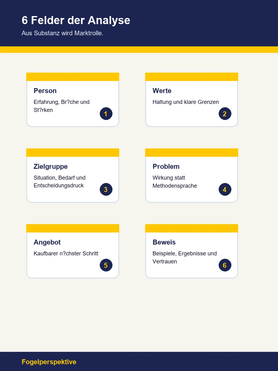 Infografik zu den sechs Feldern einer Positionierungsanalyse: Person, Werte, Zielgruppe, Problem, Angebot und Beweis