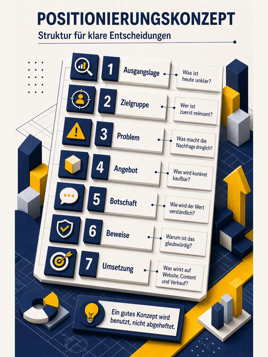 Infografik zum Aufbau eines Positionierungskonzepts mit sieben Bausteinen von Ausgangslage bis Umsetzung.