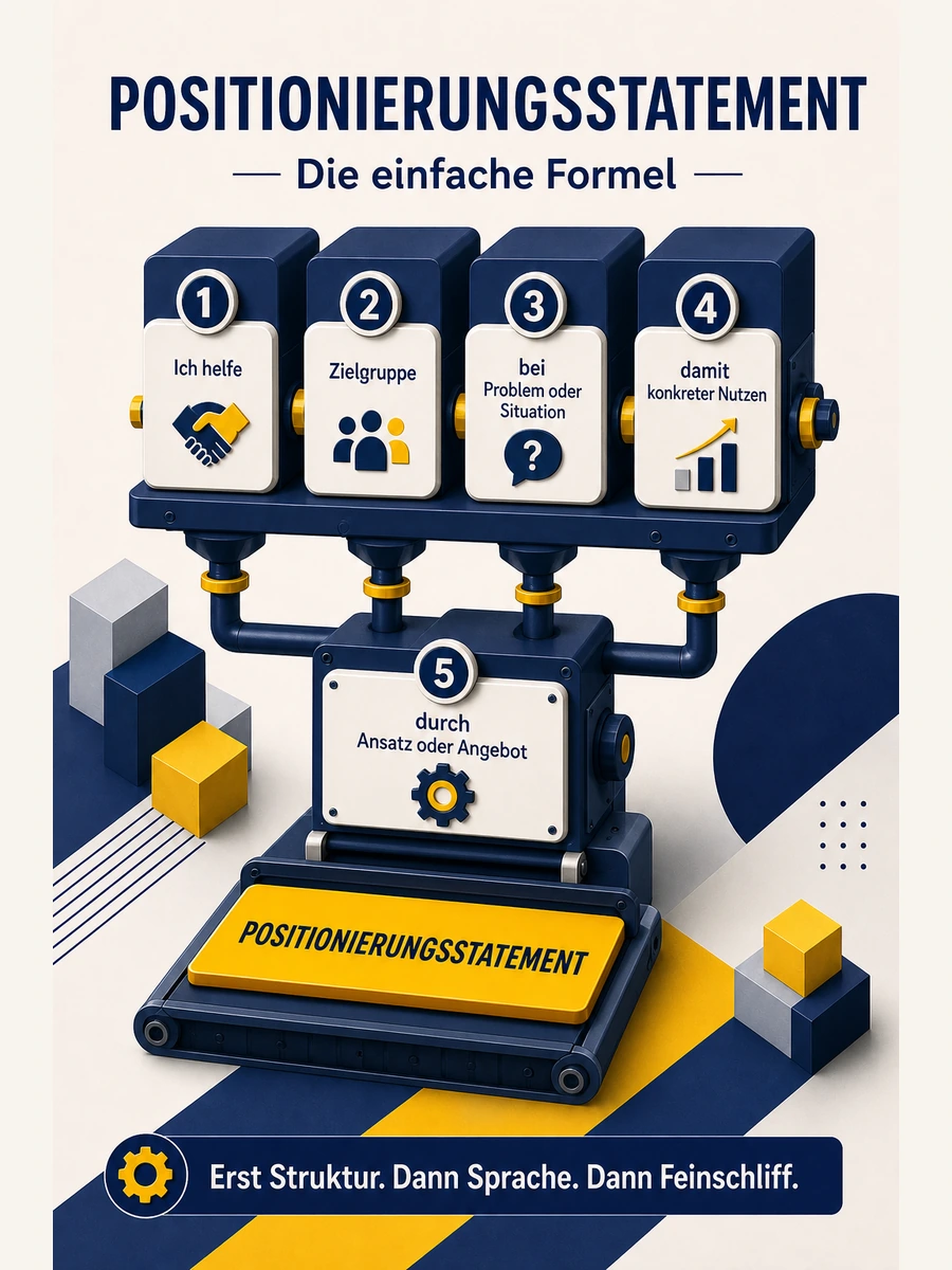 Infografik mit einer Formel für ein Positionierungsstatement aus Zielgruppe, Problem, Nutzen und Ansatz oder Angebot.