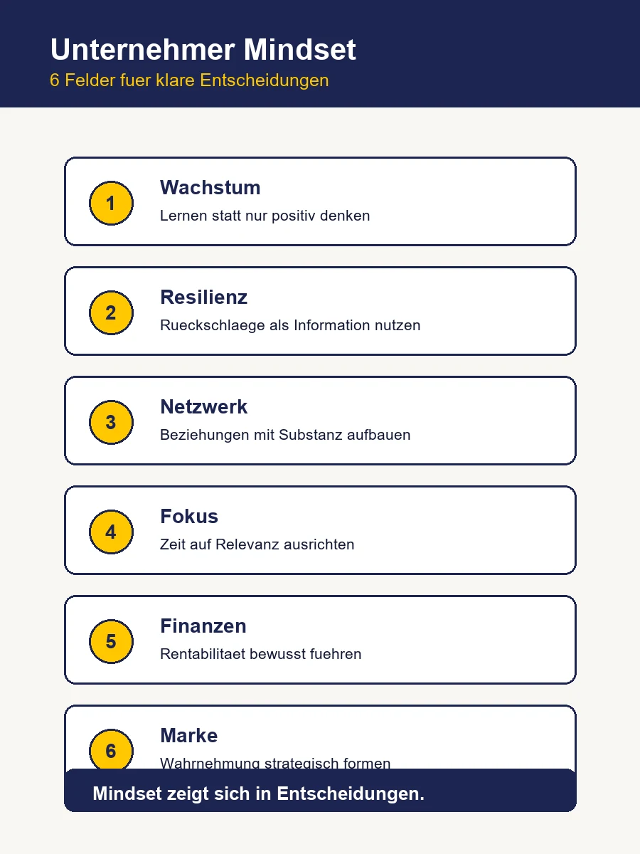 Infografik mit sechs Feldern für ein Unternehmer Mindset: Wachstum, Resilienz, Netzwerk, Fokus, Finanzen und Marke.