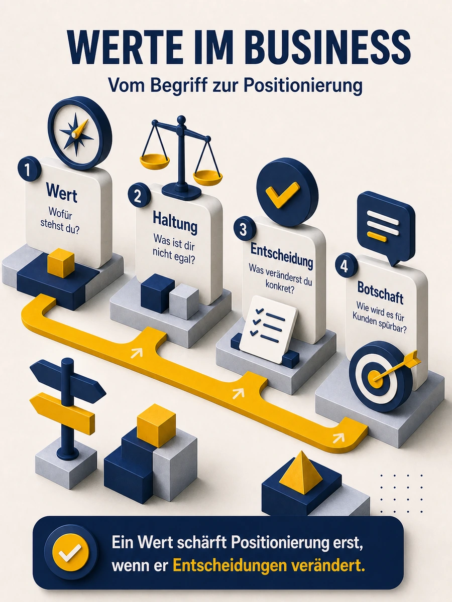 Infografik dazu, wie Werte im Business über Haltung, Entscheidungen und Botschaft eine Positionierung schärfen.