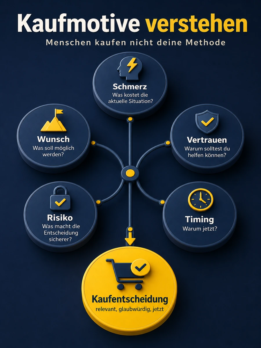 Infografik zur Kaufentscheidung mit Schmerz, Wunsch, Vertrauen, Risiko und Timing.