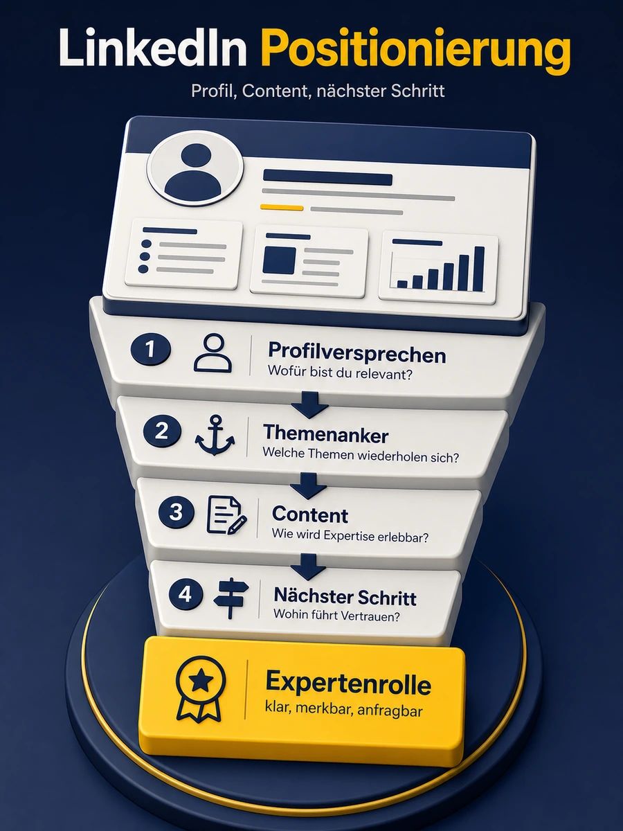 Infografik zur LinkedIn Positionierung mit Profilversprechen, Themenankern, Content, nächstem Schritt und Expertenrolle.