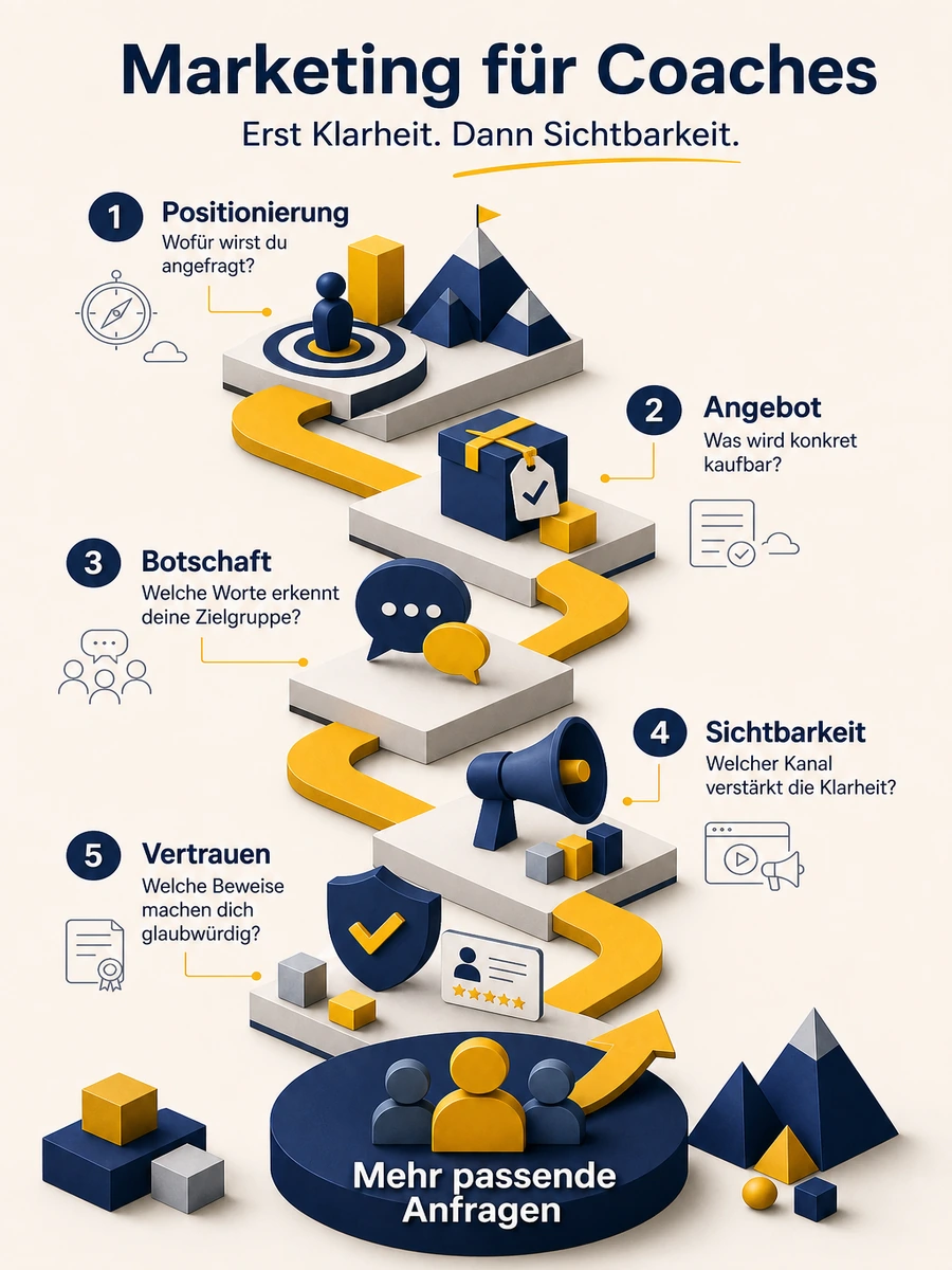 Infografik zur Marketing-Reihenfolge für Coaches mit Positionierung, Angebot, Botschaft, Sichtbarkeit, Vertrauen und passenden Anfragen.
