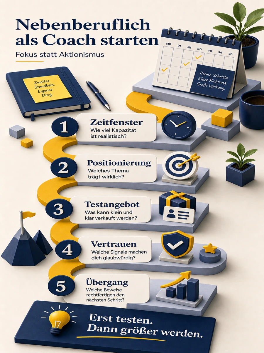 Infografik zum nebenberuflichen Coaching-Start mit Zeitfenster, Positionierung, Testangebot, Vertrauen und Übergang.