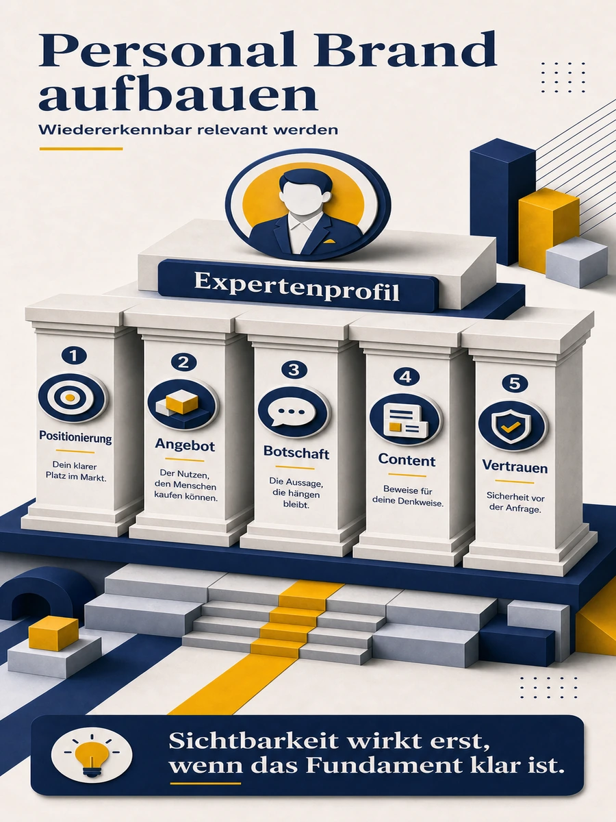 Infografik zum Aufbau einer Personal Brand mit Positionierung, Angebot, Botschaft, Content und Vertrauen als Fundament.