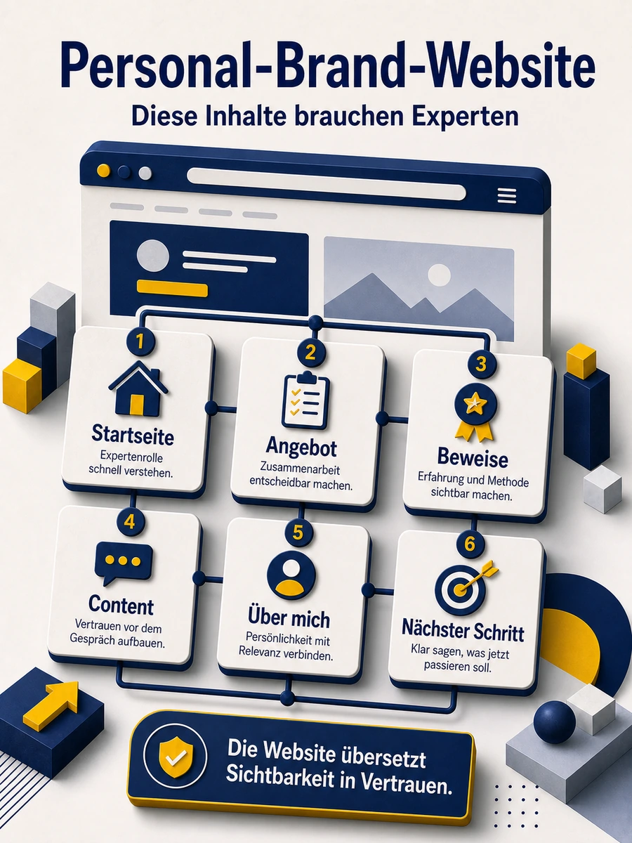 Infografik zu den wichtigsten Inhalten einer Personal-Brand-Website: Startseite, Angebot, Beweise, Content, Über mich und nächster Schritt.