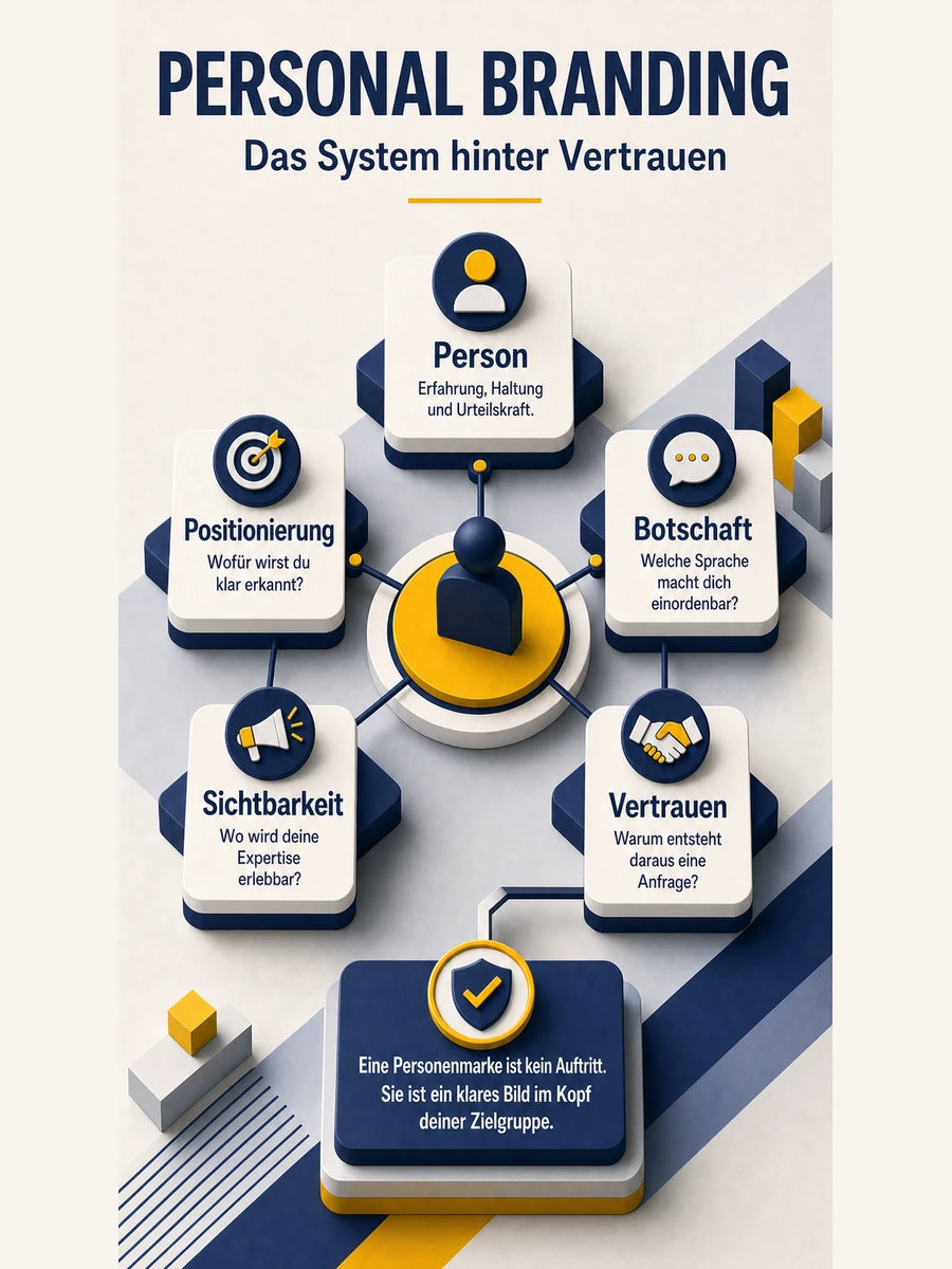 Infografik zum Personal-Branding-System mit Person, Positionierung, Botschaft, Sichtbarkeit und Vertrauen.