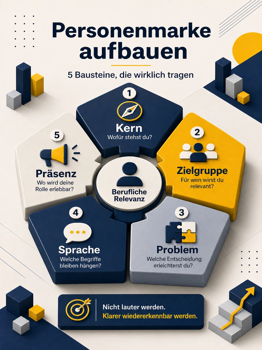 Infografik mit fünf Bausteinen zum Aufbau einer Personenmarke: Kern, Zielgruppe, Problem, Sprache und Präsenz.