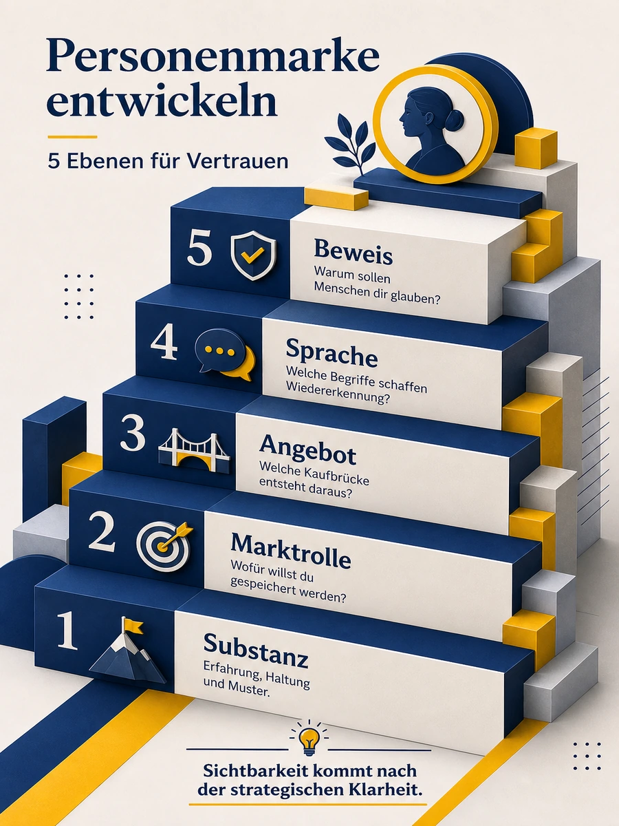 Infografik mit fünf Ebenen zur Entwicklung einer Personenmarke: Substanz, Marktrolle, Angebot, Sprache und Beweis.