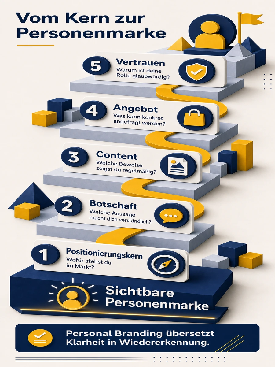 Infografik vom Positionierungskern über Botschaft, Content, Angebot und Vertrauen zur sichtbaren Personenmarke.