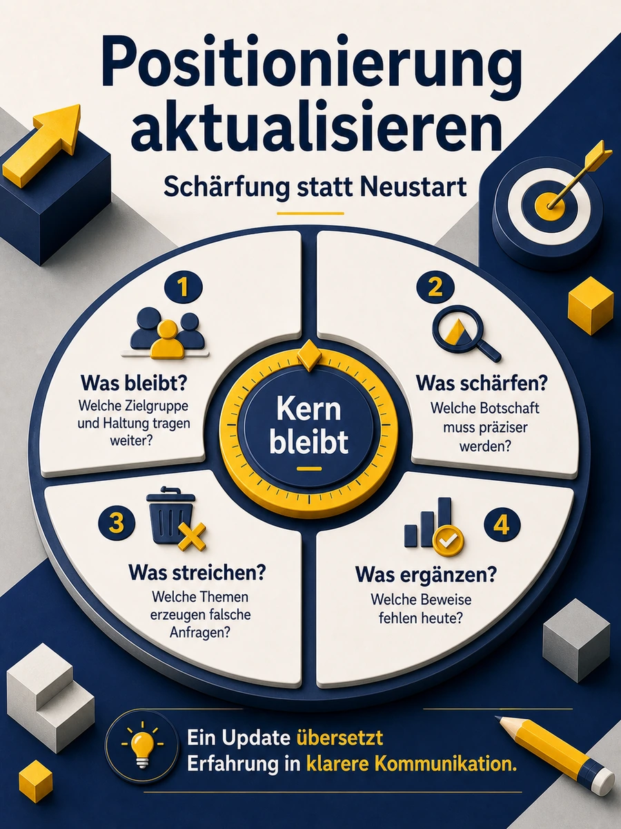 Infografik mit vier Prüffragen zum Aktualisieren einer Positionierung: Was bleibt, was schärfen, was streichen und was ergänzen.
