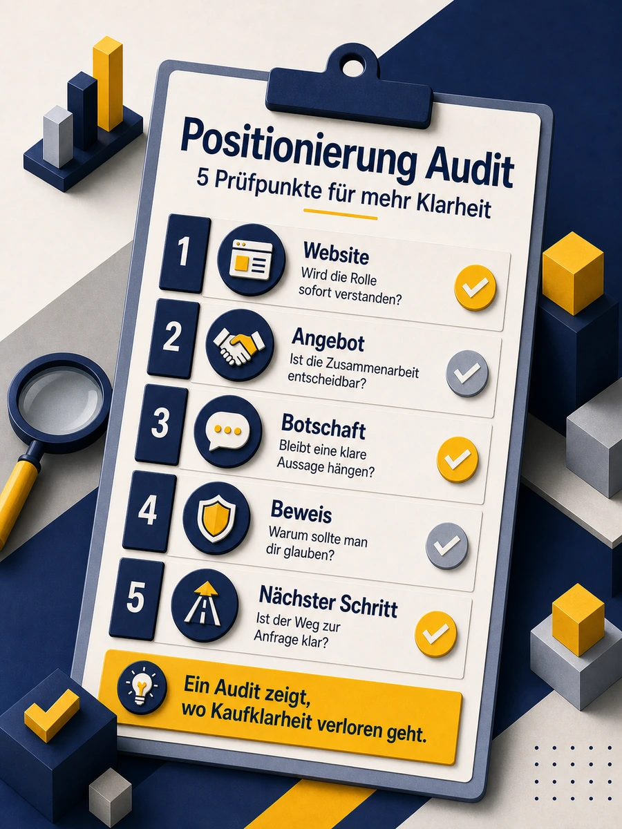 Infografik für ein Positionierung Audit mit Website, Angebot, Botschaft, Beweis und nächstem Schritt als Prüfpunkte.