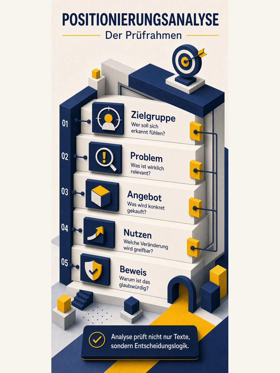 Infografik zum Prüfrahmen einer Positionierungsanalyse mit Zielgruppe, Problem, Angebot, Nutzen und Beweis als fünf Analyseebenen.