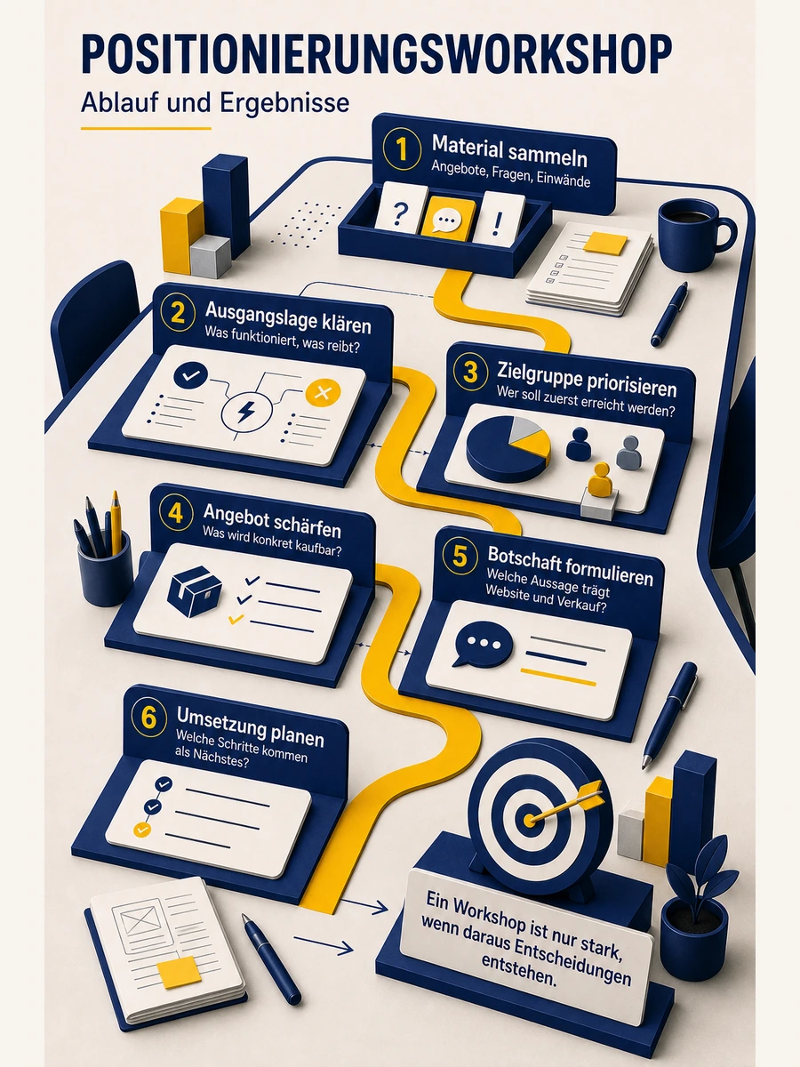 Infografik zum Ablauf eines Positionierungsworkshops von Material sammeln über Zielgruppe, Angebot und Botschaft bis zur Umsetzung.