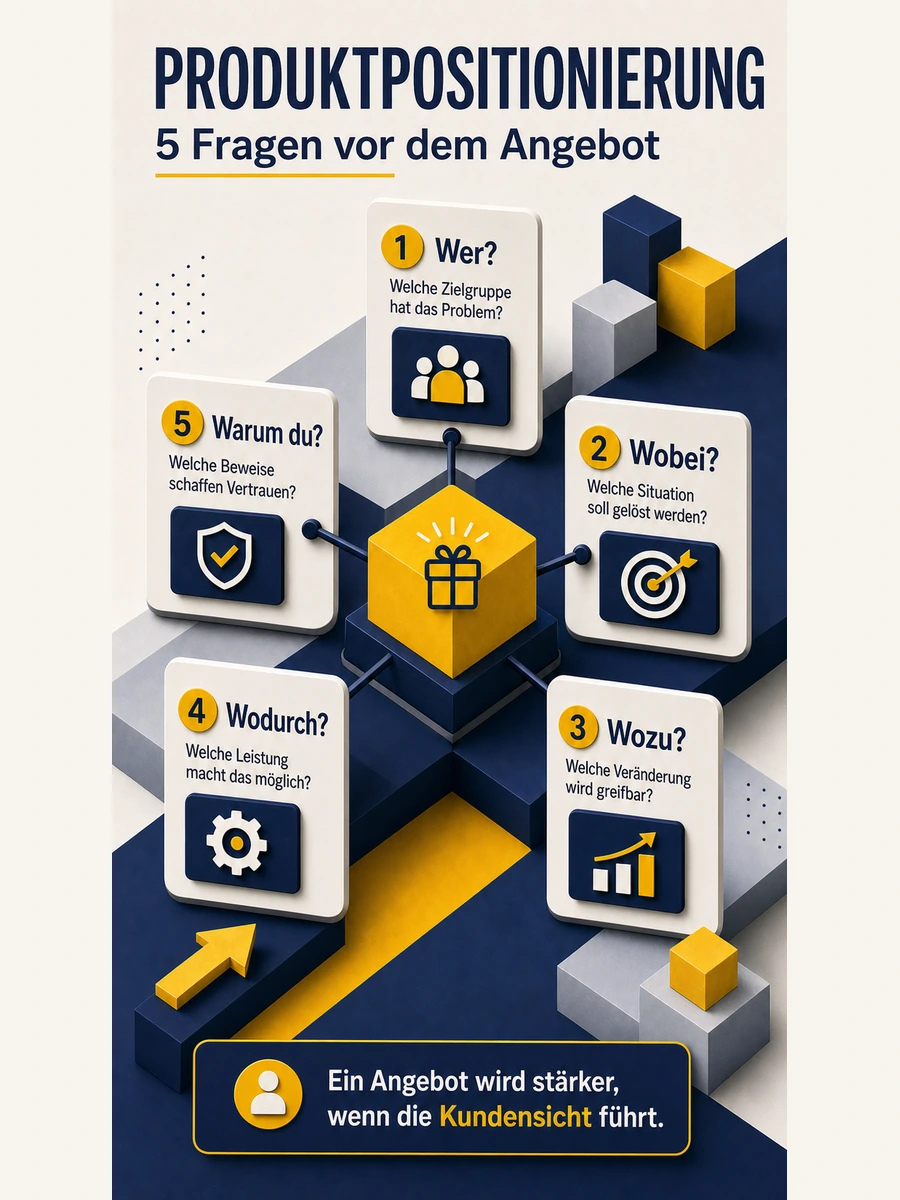 Infografik mit fünf Fragen zur Produktpositionierung: Wer, wobei, wozu, wodurch und warum du.