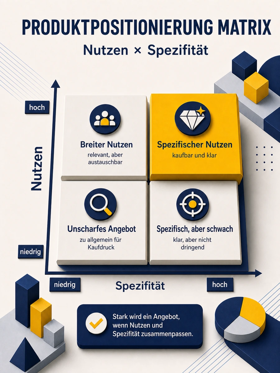 Infografik zur Produktpositionierung Matrix mit den Achsen Nutzen und Spezifität zur Einordnung von Angebotsklarheit.