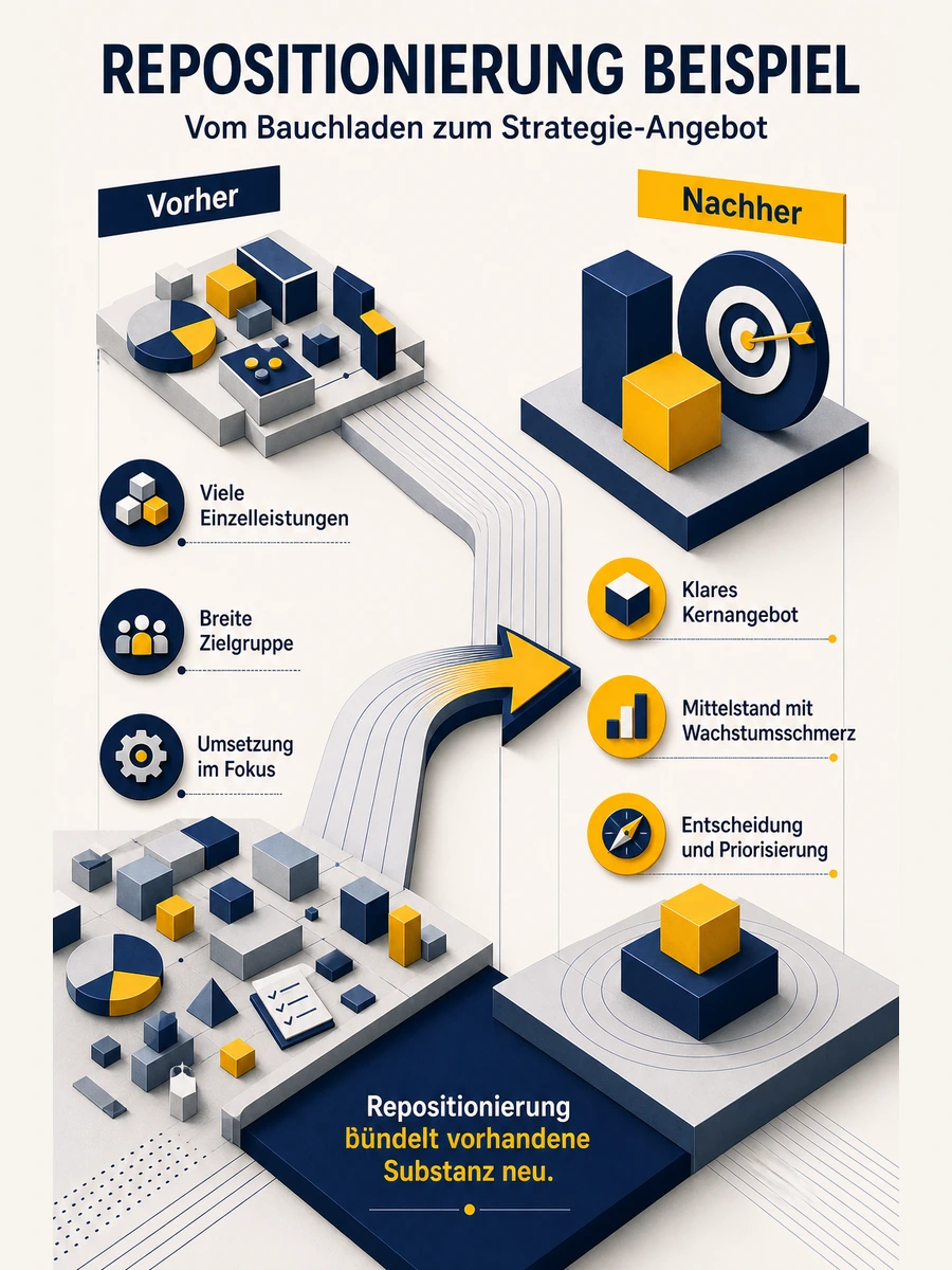 Infografik als Vorher-nachher-Beispiel einer Repositionierung vom breiten Angebot zum klaren Strategie-Angebot.