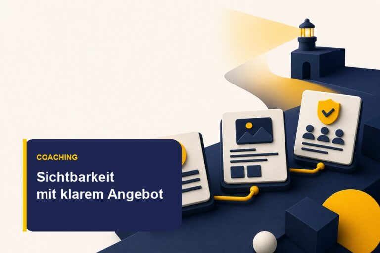 Titelbild mit Treppenfolge aus Angebot, Website und Content für mehr Sichtbarkeit als Coach.